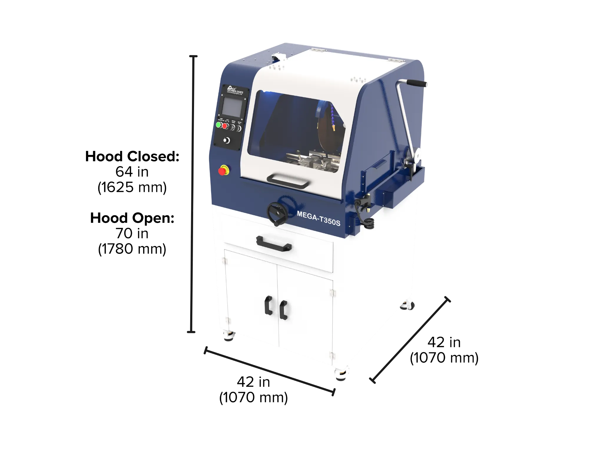 Image of the MEGA-T350S with key dimensions, such as width, depth, and length